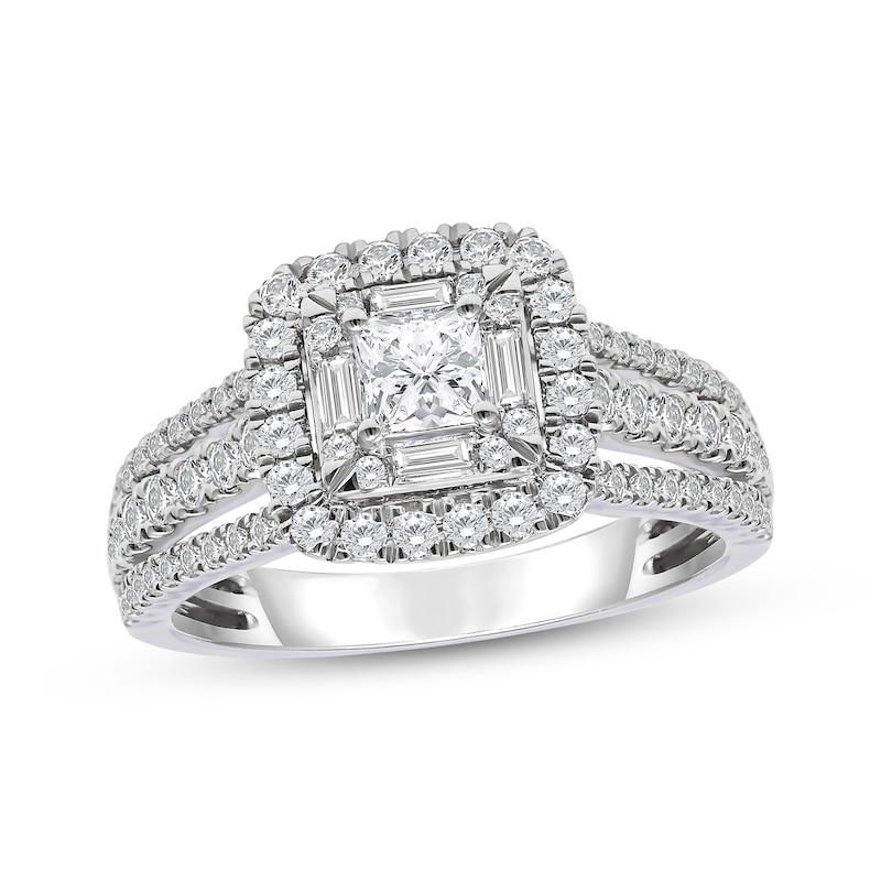 Princess, Baguette & Round-Cut Diamond Engagement Ring 1-1/4ct tw White Gold Plated