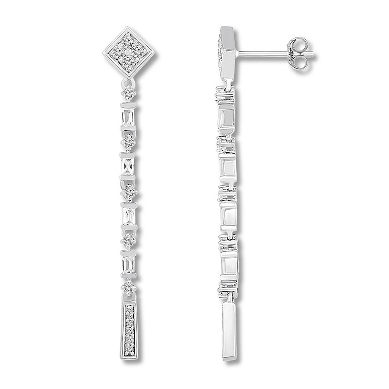 Diamond Drop Earrings 1/2 ct tw Round & Baguette White Gold Plated
