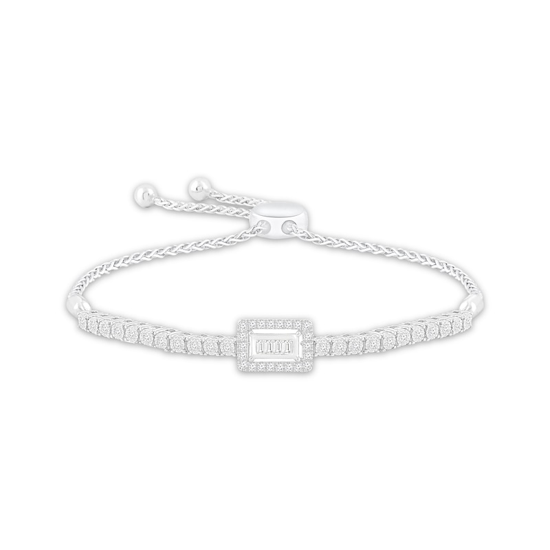Baguette & Round-Cut Diamond Rectangle Bolo Bracelet 1/4 ct tw White Gold Plated 9.5"