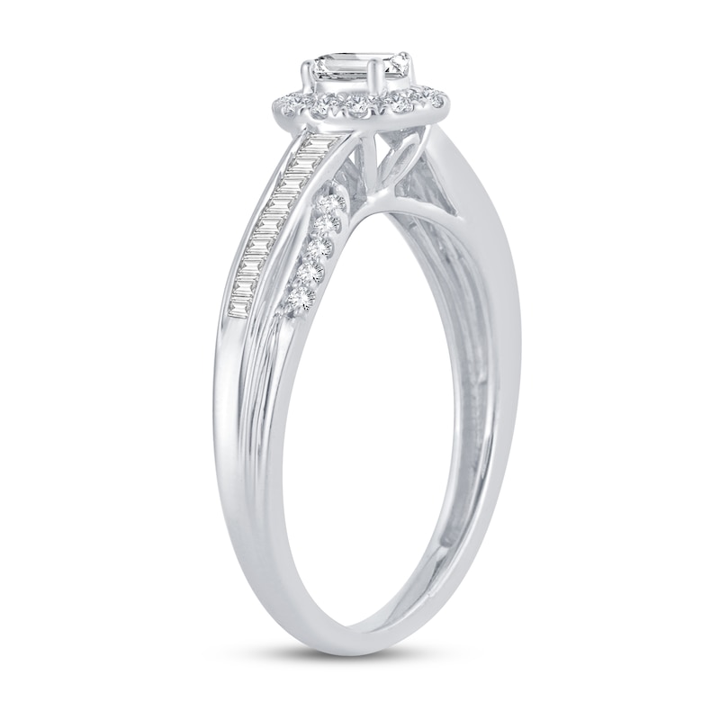 Diamond Engagement Ring 3/8 ct tw Oval, Baguette & Round White Gold Plated