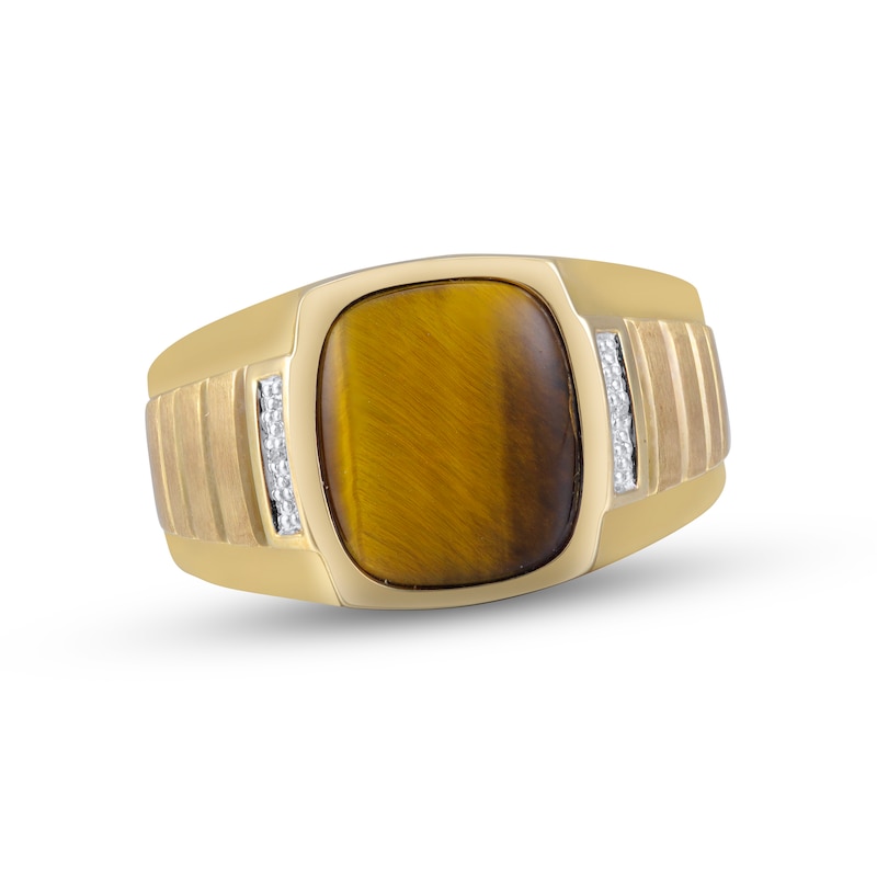Men's Tiger's Eye Quartz & Diamond Ring Yellow Gold Plated
