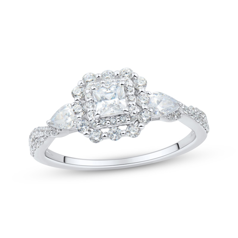 Princess-Cut, Pear-Shaped & Round-Cut Diamond Three-Stone Engagement Ring 1 ct tw White Gold Plated