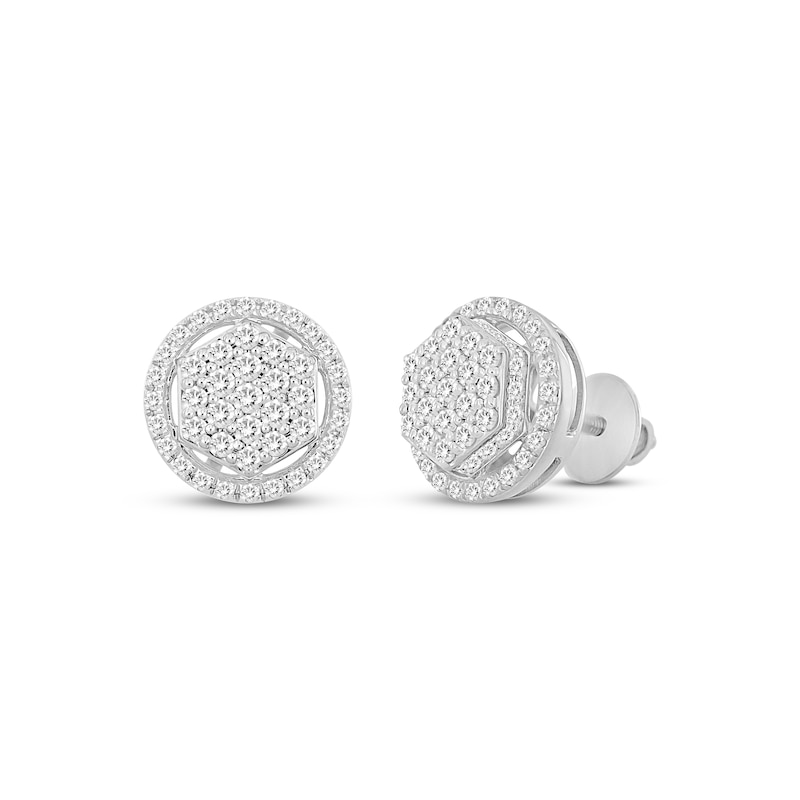 Men's Multi-Diamond Hexagon Halo Earrings 3/4 ct tw White Gold Plated