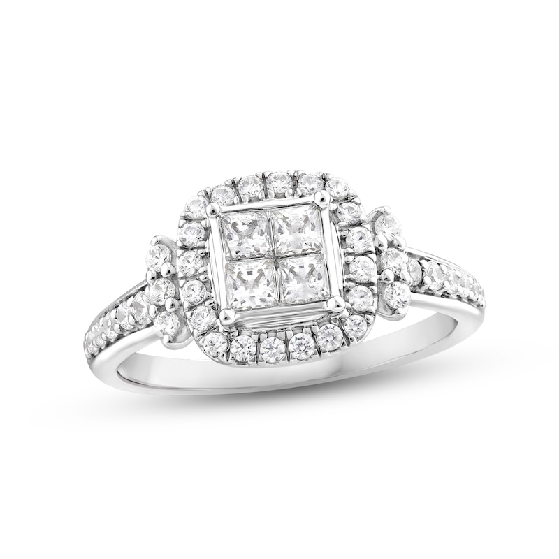 Diamond Engagement Ring 7/8 ct tw Princess & Round-Cut White Gold Plated
