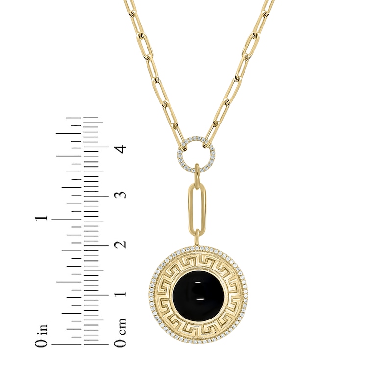 Round-Cut Diamond & Black Enamel Greek Key Disc Paperclip Chain Y-Drop Necklace 1/4 ct tw Yellow Gold Plated 18”