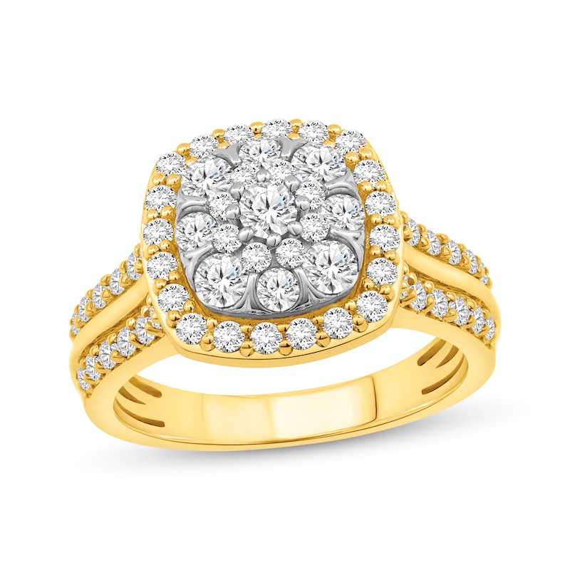 Multi-Diamond Center Cushion-Frame Engagement Ring 2 ct tw Two-Tone Gold Plated