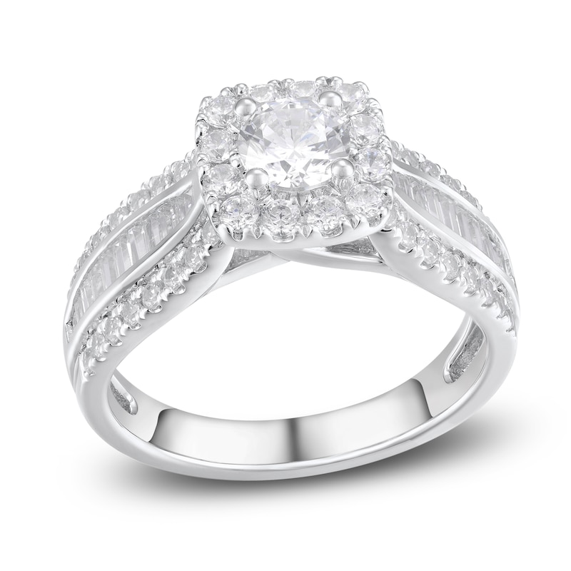 Diamond Engagement Ring 1-1/3 ct tw Round & Baguette White Gold Plated