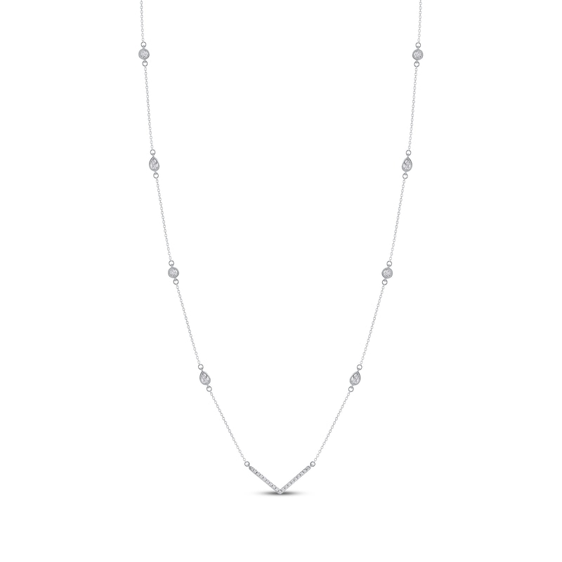 Pear-Shaped & Round-Cut Diamond Station Chevron Necklace 1/2 ct tw White Gold Plated 18"