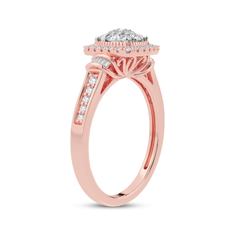 Multi-Diamond Center Cushion Engagement Ring 3/8 ct tw Round & Baguette-cut Rose Gold Plated