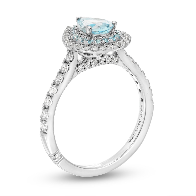 Monique Lhuillier Bliss Pear-Shaped Aquamarine, Swiss Blue Topaz & Diamond Engagement Ring 1/2 ct tw White Gold Plated
