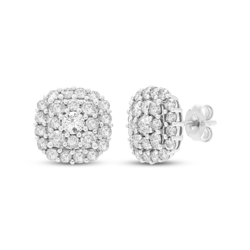Diamond Cushion Cluster Stud Earrings 2 ct tw White Gold Plated