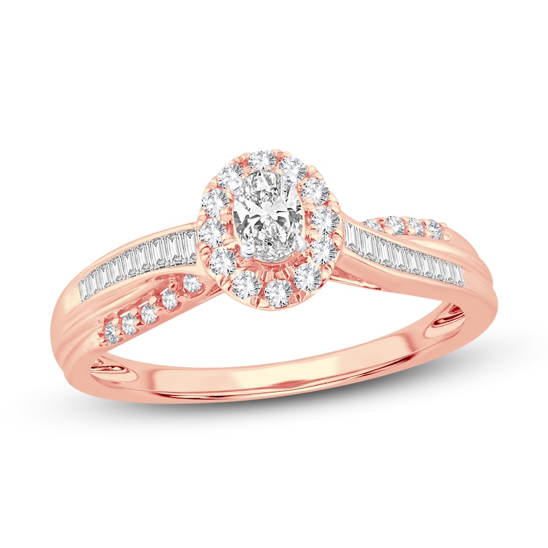 Diamond Engagement Ring 3/8 ct tw Oval, Baguette & Round Rose Gold Plated