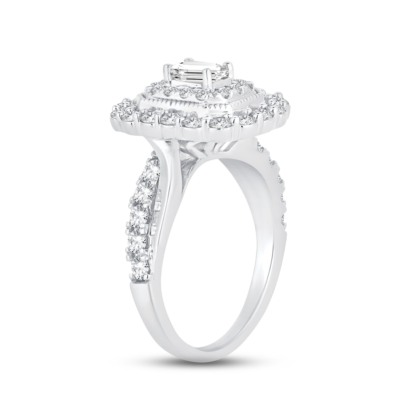 Diamond Engagement Ring 1-1/2 ct tw Emerald & Round-cut White Gold Plated