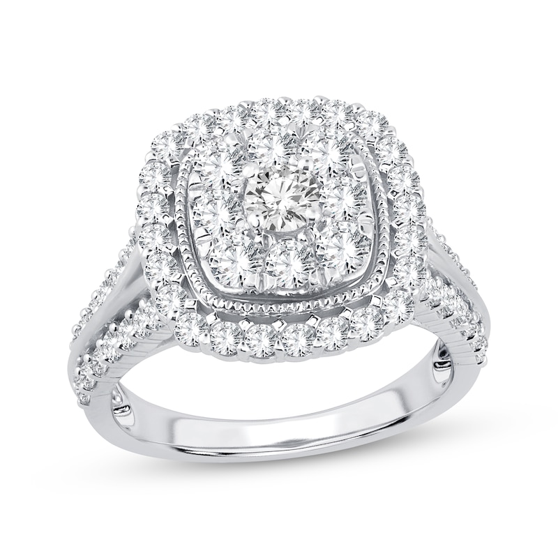 Multi-Diamond Center Cushion Frame Engagement Ring 1-1/2 ct tw White Gold Plated
