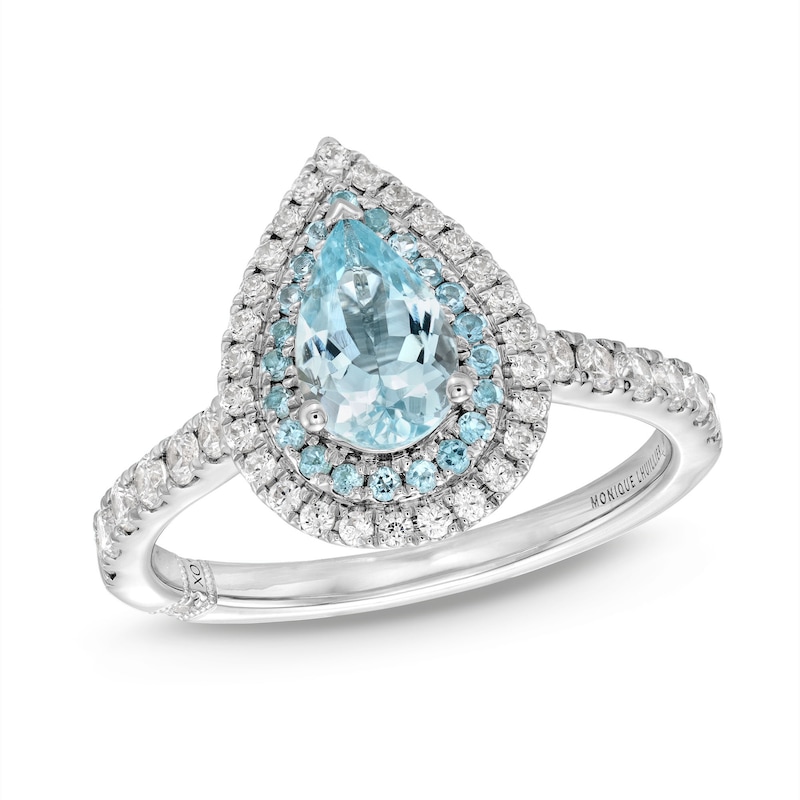 Monique Lhuillier Bliss Pear-Shaped Aquamarine, Swiss Blue Topaz & Diamond Engagement Ring 1/2 ct tw White Gold Plated
