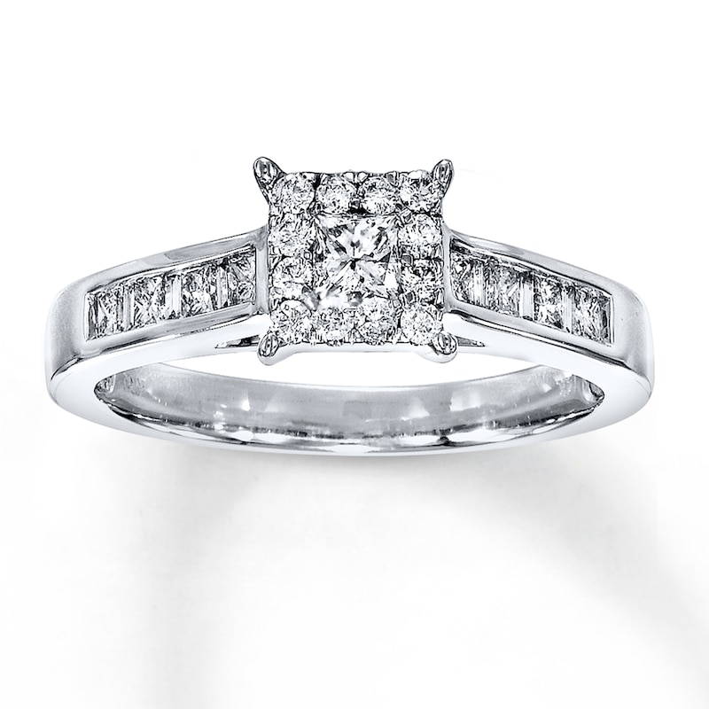 Diamond Engagement Ring 5/8 ct tw Princess, Baguette & Round-cut White Gold Plated