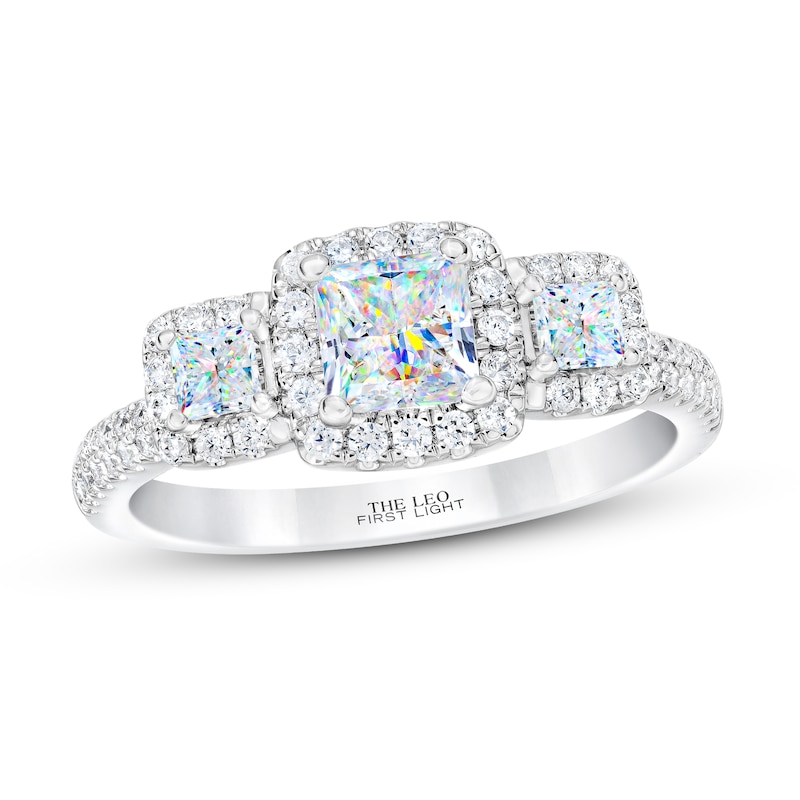 THE LEO First Light 3-Stone Diamond Engagement Ring 1-1/6 ct tw Princess/Round White Gold Plated