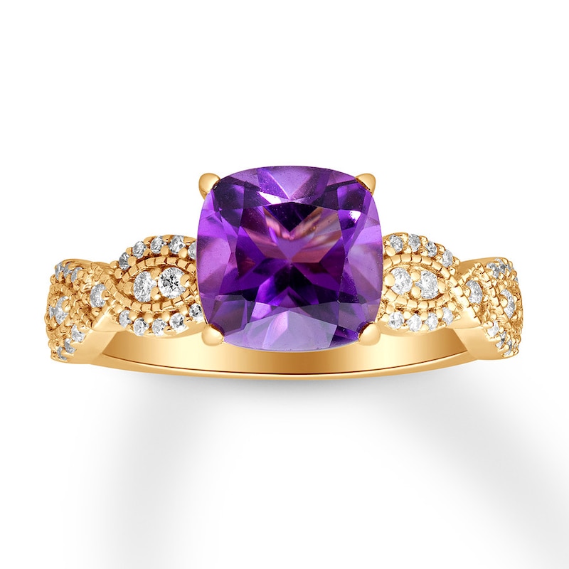 Cushion-cut Amethyst Engagement Ring 1/4 ct tw Diamonds Yellow Gold Plated