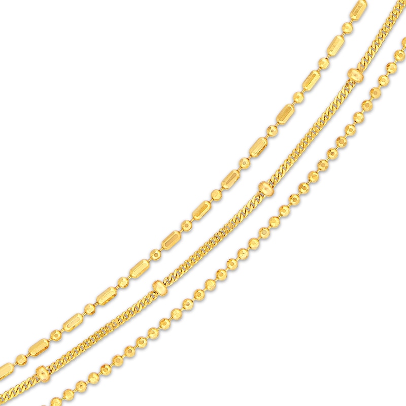 Mixed Bead Three-Strand Chain Necklace Yellow Gold Plated 18"