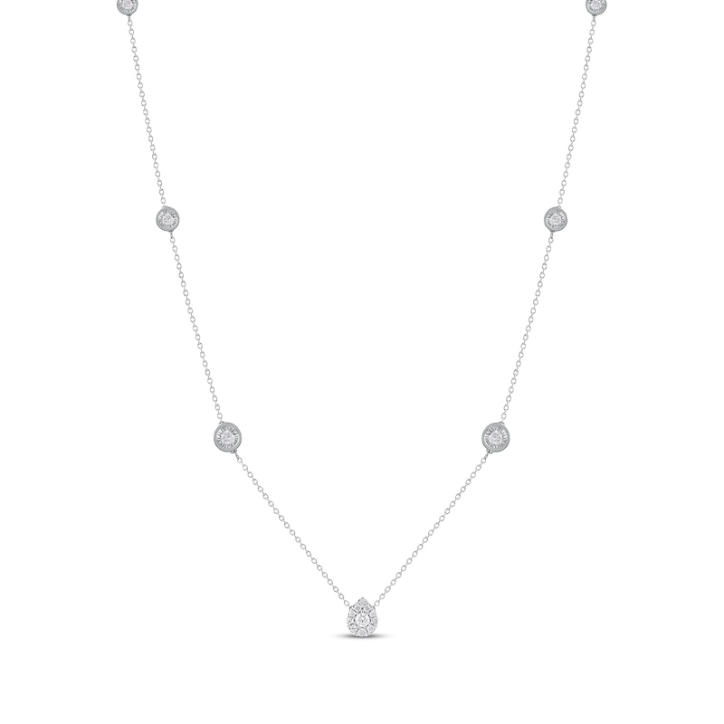 Diamond Halo Teardrop Center Station Necklace 1/2 ct tw White Gold Plated 18"