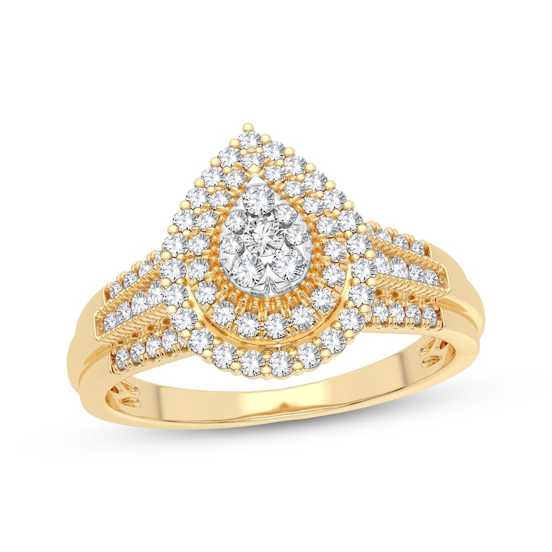 Multi-Diamond Center Pear Double Halo Engagement Ring 1/3 ct tw Round-cut Yellow Gold Plated