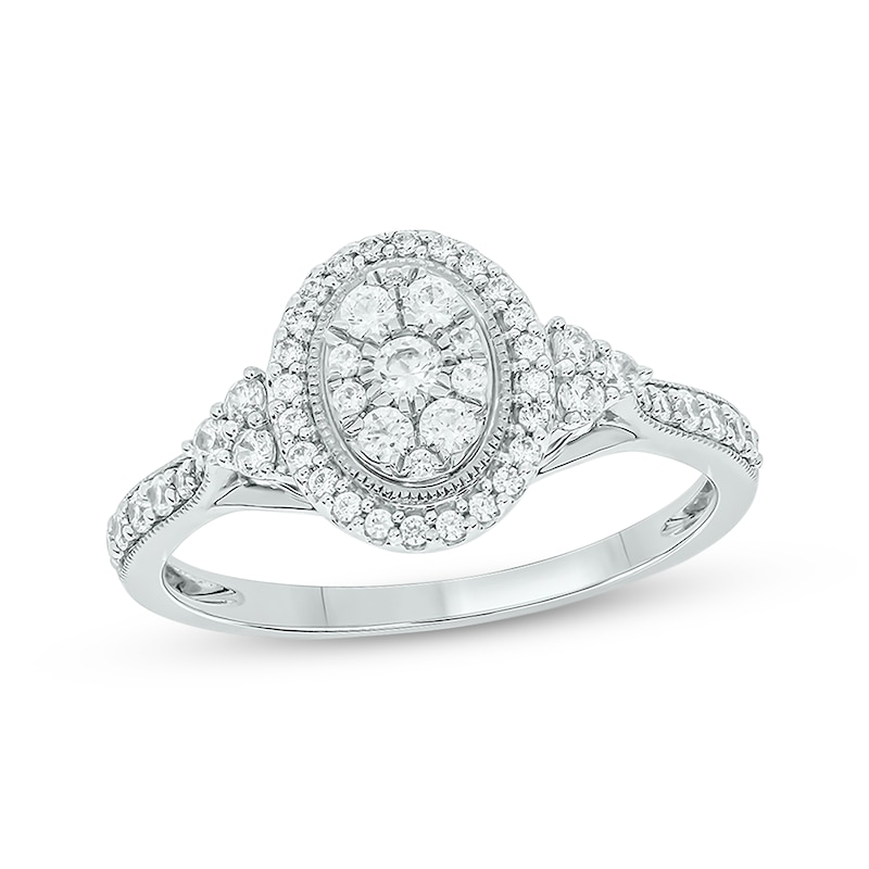 Round-Cut Multi-Diamond Center Oval-Shaped Engagement Ring 1/2 ct tw White Gold Plated