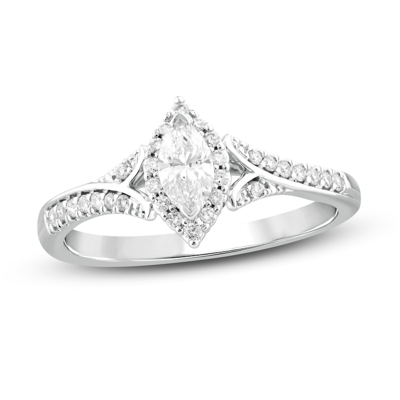 Diamond Engagement Ring 3/8 ct tw Marquise & Round White Gold Plated