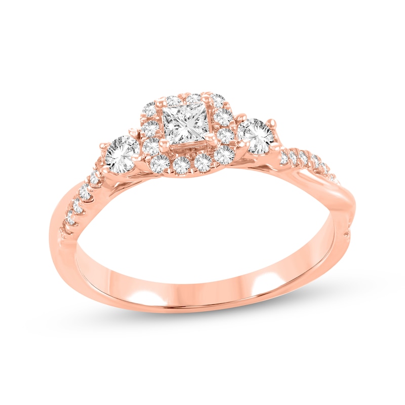 Princess & Round-Cut Diamond Three-Stone Engagement Ring 1/2 ct tw Rose Gold Plated