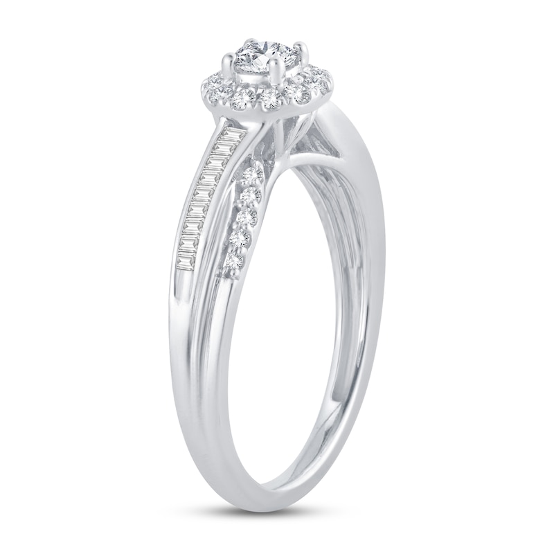 Diamond Engagement Ring 3/8 ct tw Round & Baguette-cut White Gold Plated