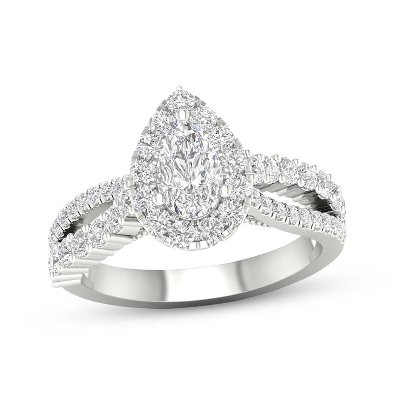 Pear-Shaped & Round-Cut Diamond Engagement Ring 1-1/5 ct tw White Gold Plated