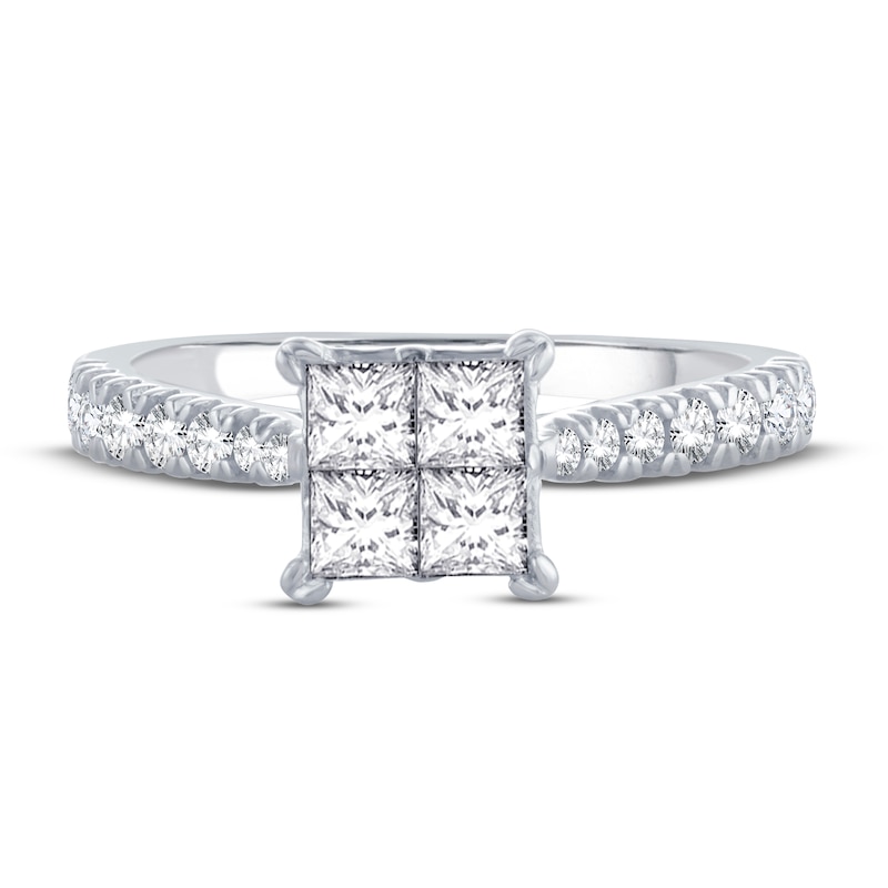 Multi-Diamond Engagement Ring 1-1/4 ct tw Princess & Round White Gold Plated