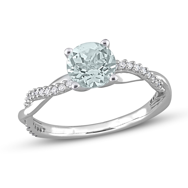 Round Aquamarine Engagement Ring 1/6 ct tw Diamonds White Gold Plated