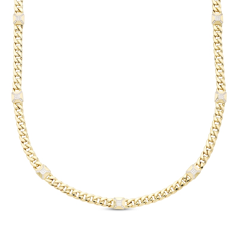 Men's Diamond Station Solid Cuban Curb Chain Necklace 1/2 ct tw Yellow Gold Plated 20"