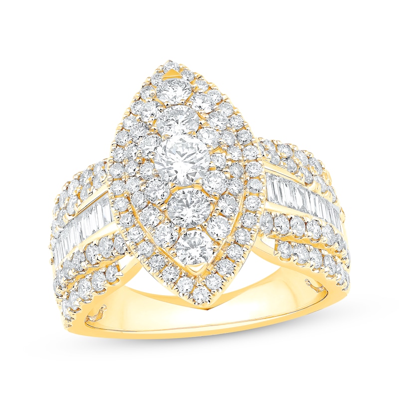 Baguette & Round-Cut Multi-Diamond Center Engagement Ring 2-1/4 ct tw Yellow Gold Plated