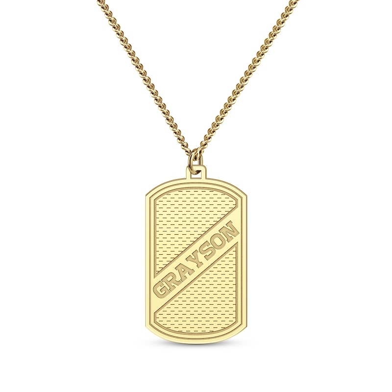 Men's Slanted Name Dog Tag Necklace Yellow Gold Plated 22"