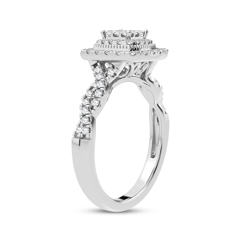 Multi-Diamond Center Cushion Twist Engagement Ring 3/8 ct tw Princess & Round-cut White Gold Plated