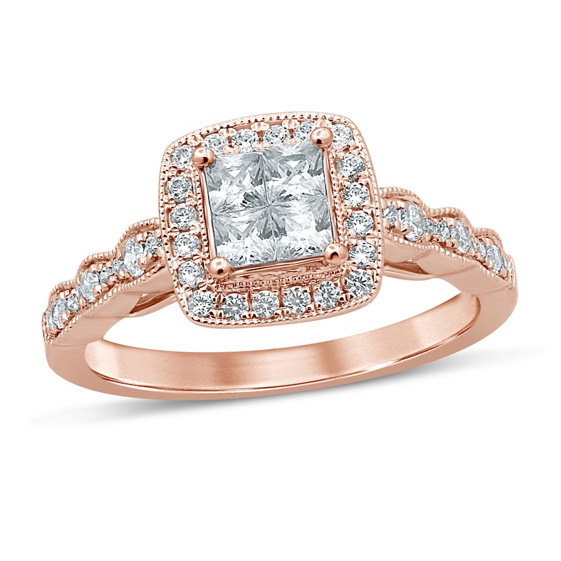 Multi-Diamond Engagement Ring 5/8 ct tw Princess & Round-cut Rose Gold Plated