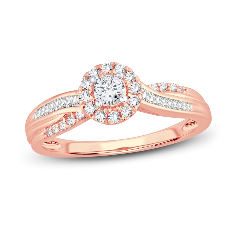 Diamond Engagement Ring 3/8 ct tw Round & Baguette-cut Rose Gold Plated