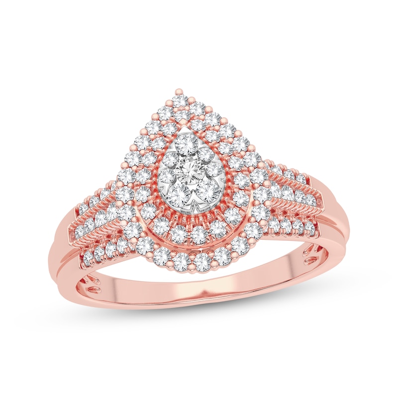 Multi-Diamond Center Pear Double Halo Engagement Ring 1/3 ct tw Round-cut Rose Gold Plated