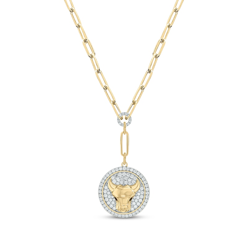 Round-Cut Diamond Bull Disc Paperclip Chain Y-Drop Necklace 1 ct tw Yellow Gold Plated 18”