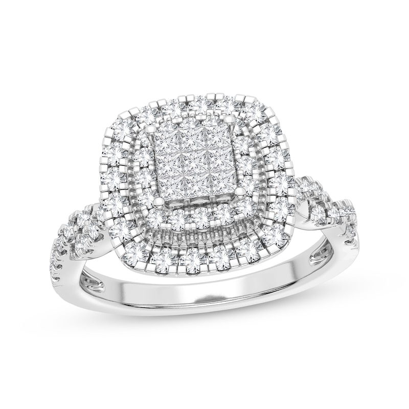 Multi-Diamond Center Cushion Twist Engagement Ring 3/8 ct tw Princess & Round-cut White Gold Plated