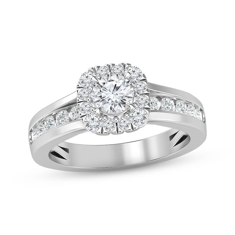 Diamond Halo Engagement Ring 1-3/8 ct tw Round-cut White Gold Plated