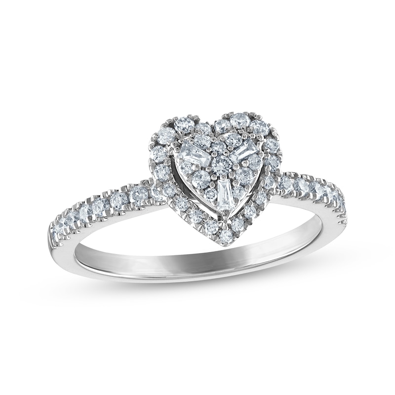 Baguette & Round-Cut Multi-Diamond Center Heart Frame Engagement Ring 3/8 ct tw White Gold Plated