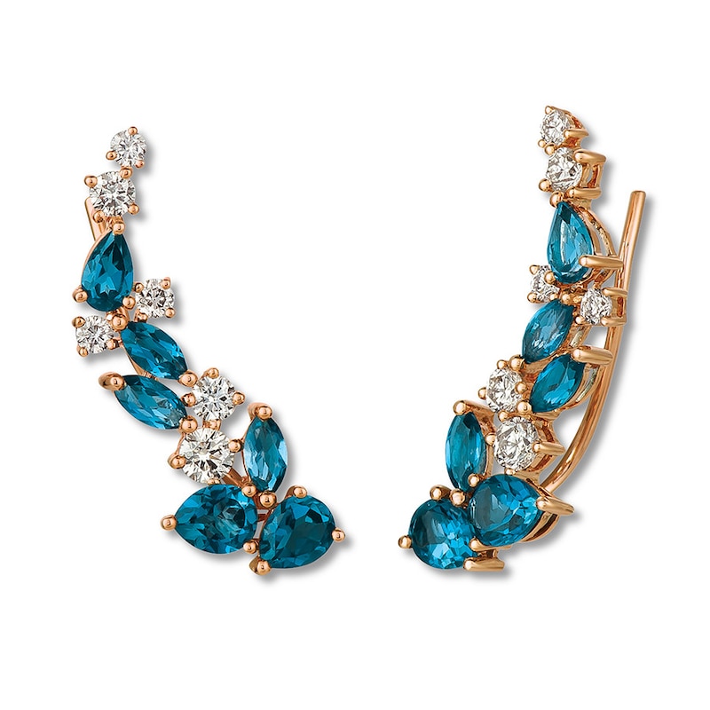 Le Vian Blue Topaz Earring Climbers 3/4 ct tw Diamonds Strawberry Gold Plated