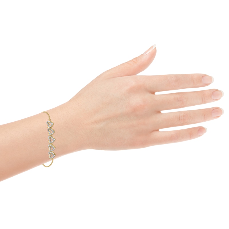 Diamond Sculpted Hearts Bolo Bracelet 3/8 ct tw Yellow Gold Plated