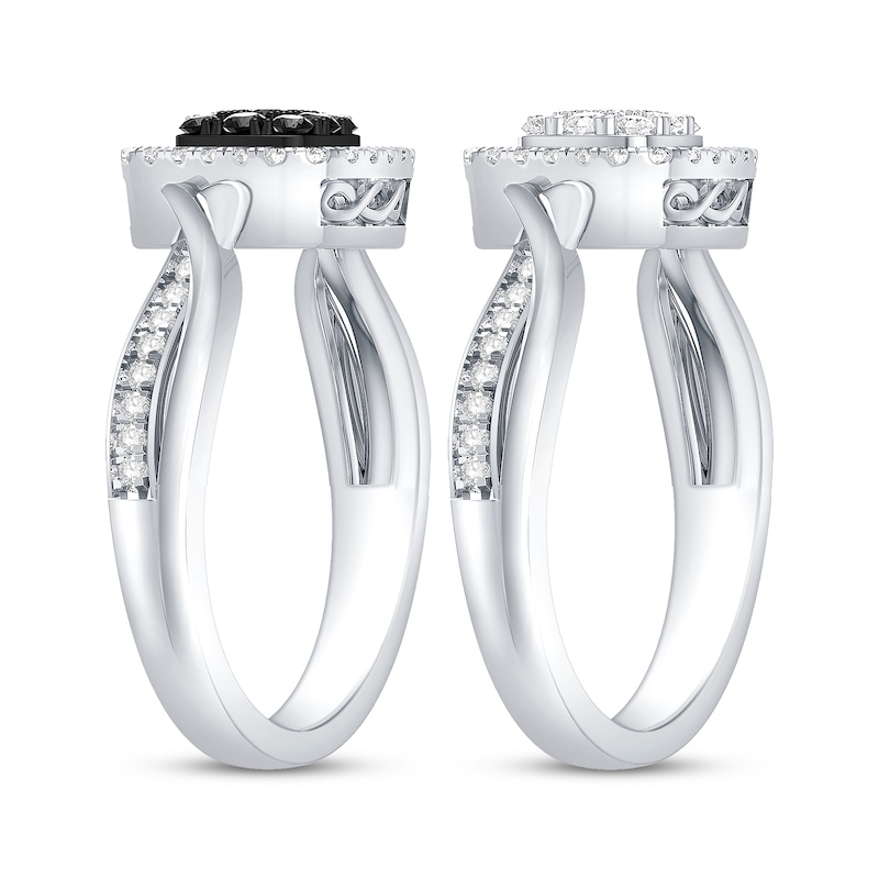 Black & White Multi-Diamond Center Cushion Convertible Ring 3/8 ct tw Round-cut White Gold Plated