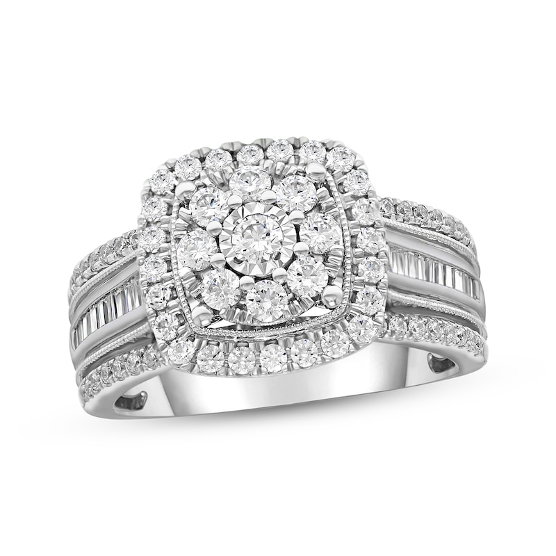 Diamond Engagement Ring 1 ct tw Round & Baguette-cut White Gold Plated