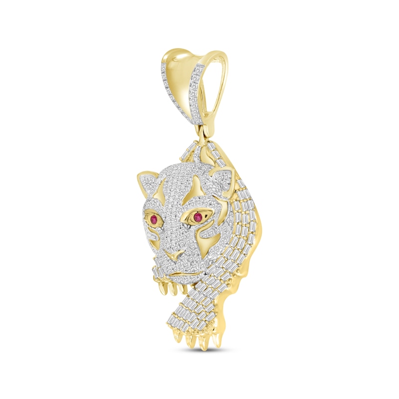 Men's Baguette & Round-Cut Diamond & Lab-Created Ruby Panther Charm 3/4 ct tw Yellow Gold Plated
