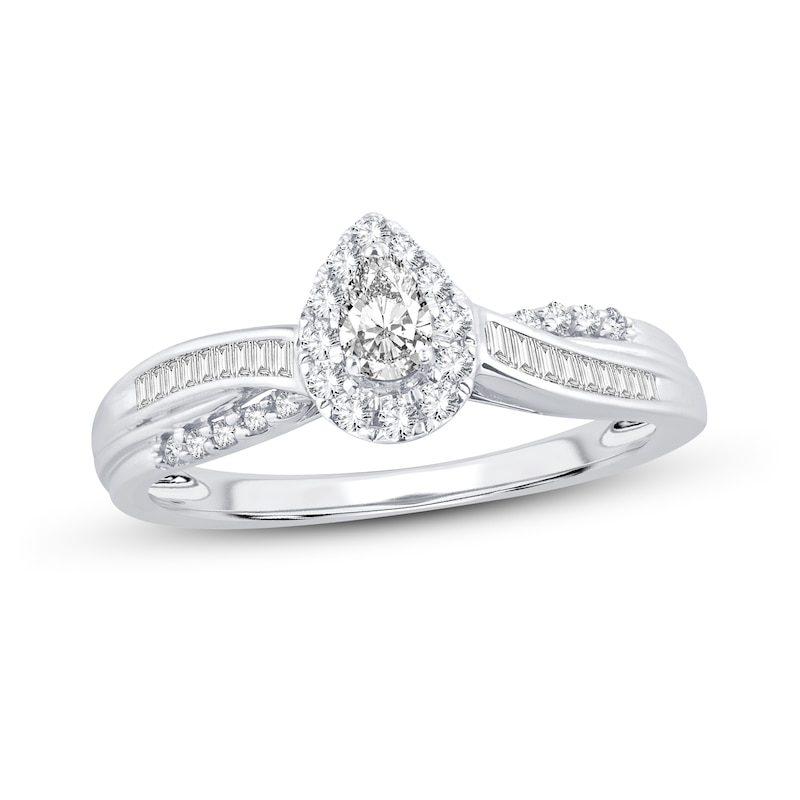 Diamond Engagement Ring 3/8 ct tw Pear, Baguette & Round White Gold Plated