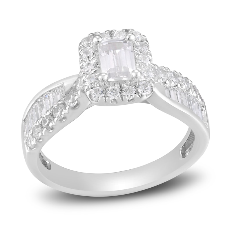 Diamond Engagement Ring 1-1/4 ct tw Emerald, Baguette & Round White Gold Plated